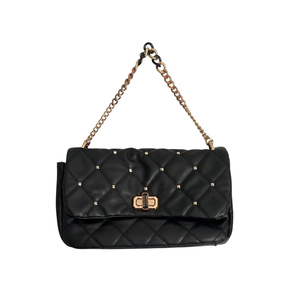 Badgley Mischka Black Quilted Purse Shoulder Bag Gold Chain Pockets Everyday